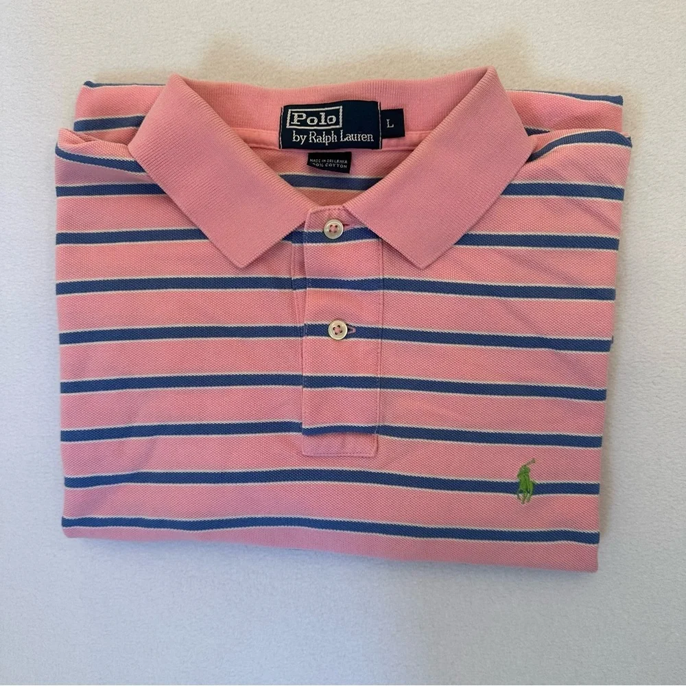 Ralph Lauren Polo Shirt Pink‎ Blue Striped 100% Cotton Classic Men’s Size Large